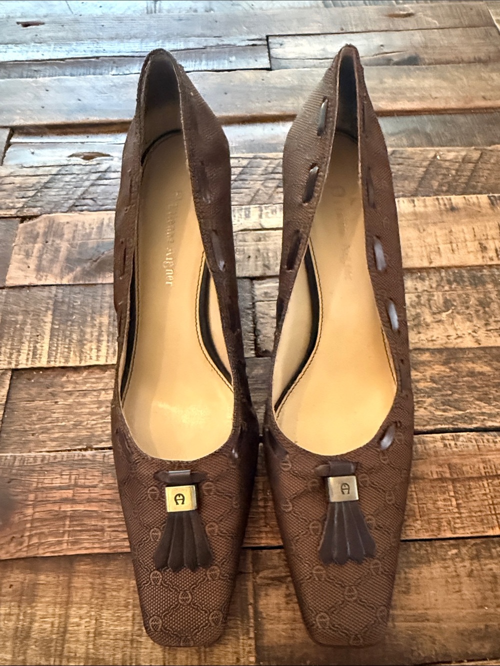 Etienne Aigner Brown Embossed Tassel Pumps